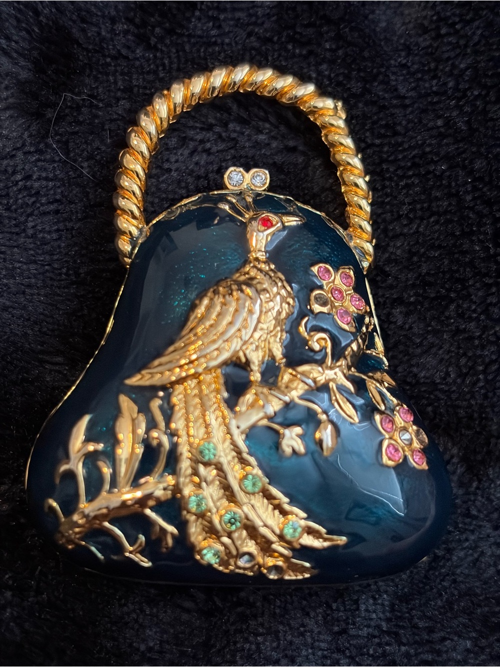 Peacock Jeweled Enamel Purse Trinket Box Rhinestones